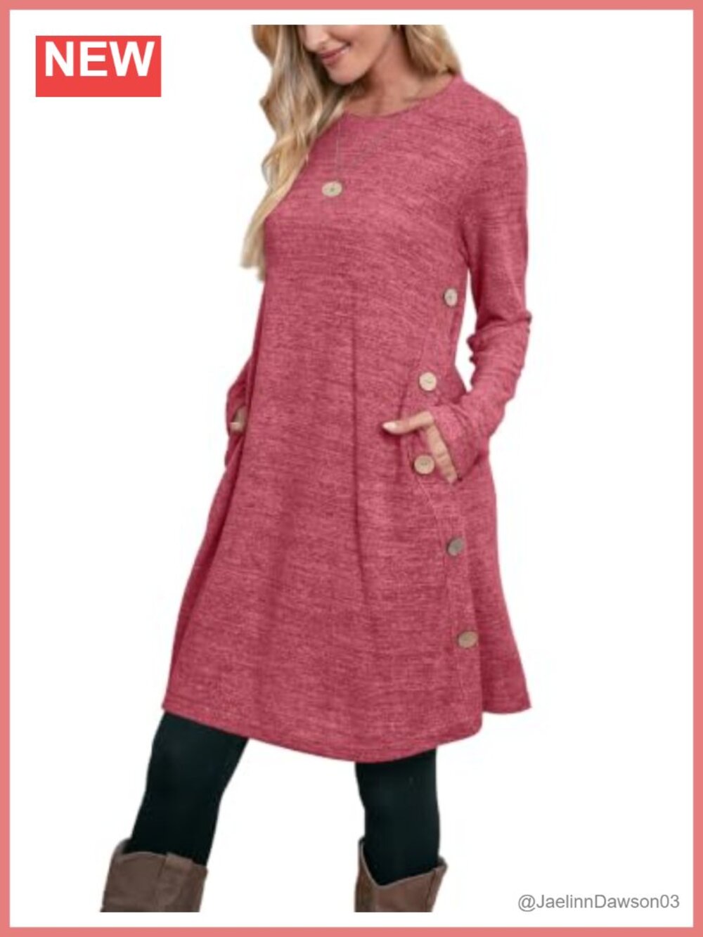 Long Sleeve Tunic Dress with Pockets Buttons Crew Neck Swing